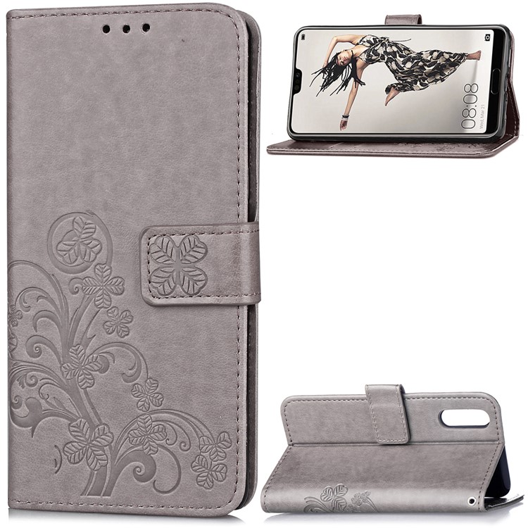 HAT PRINCE Imprinted Clover Leather Stand Wallet Cover for Huawei P20 Pro - Grey-1
