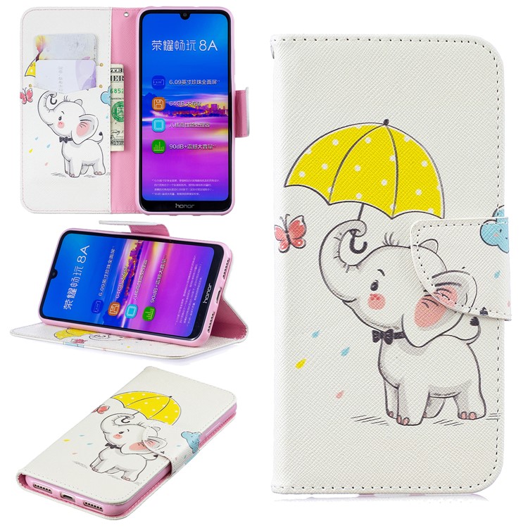 Pattern Printing Wallet Leather Stand Case for Huawei Honor 8A - Elephant Holding an Umbrella-1