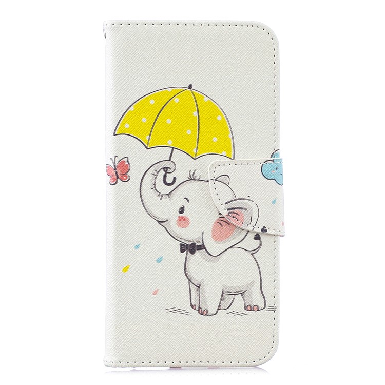 Pattern Printing Wallet Leather Stand Case for Huawei Honor 8A - Elephant Holding an Umbrella-2