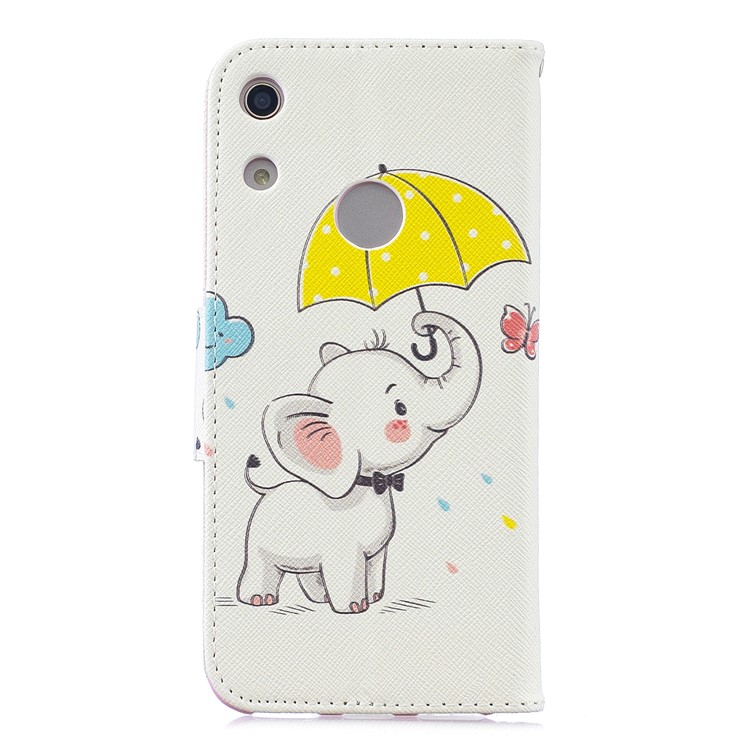 Pattern Printing Wallet Leather Stand Case for Huawei Honor 8A - Elephant Holding an Umbrella-3