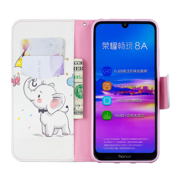 Pattern Printing Wallet Leather Stand Case for Huawei Honor 8A - Elephant Holding an Umbrella-4