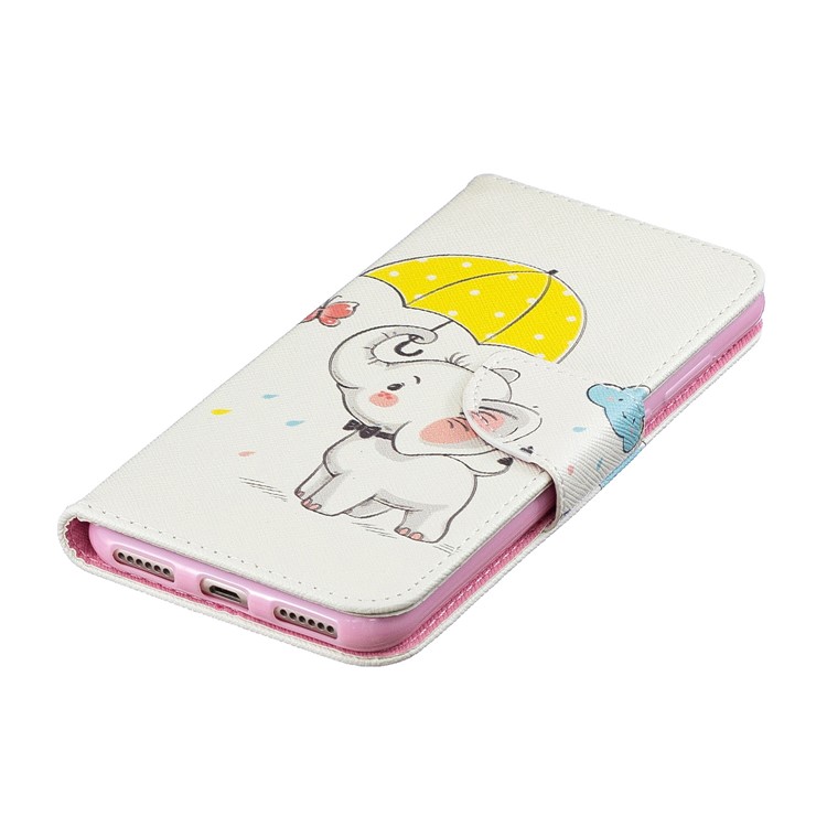 Pattern Printing Wallet Leather Stand Case for Huawei Honor 8A - Elephant Holding an Umbrella-7