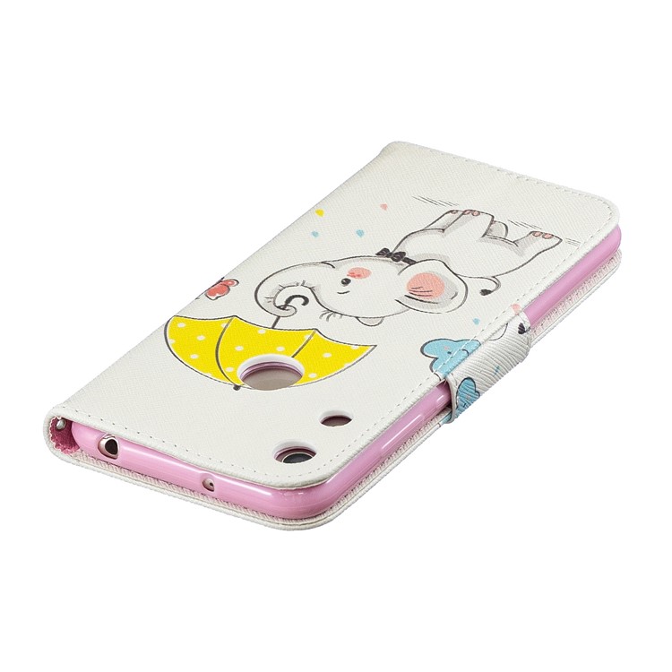 Pattern Printing Wallet Leather Stand Case for Huawei Honor 8A - Elephant Holding an Umbrella-8