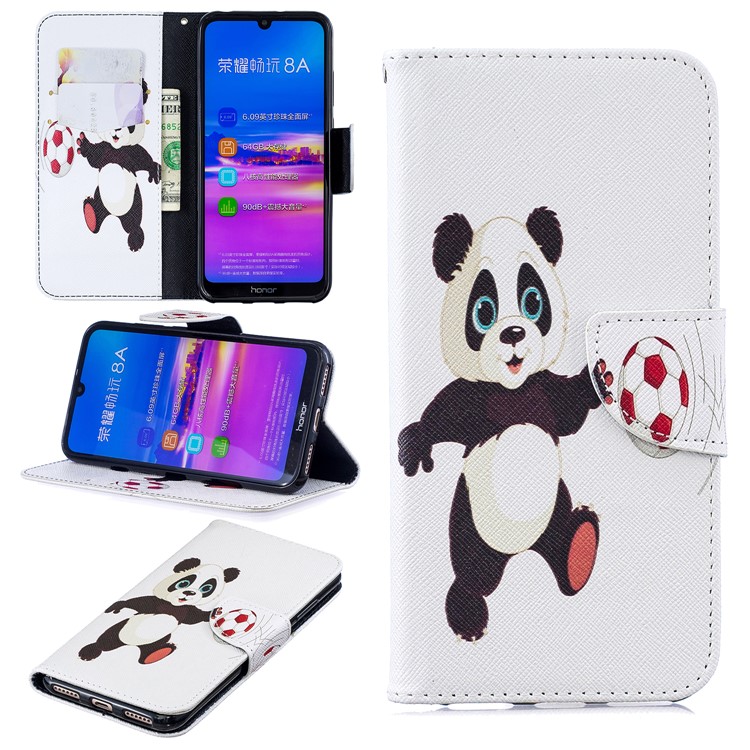 Pattern Printing Wallet Leather Stand Case for Huawei Honor 8A - Panda Playing Football-1