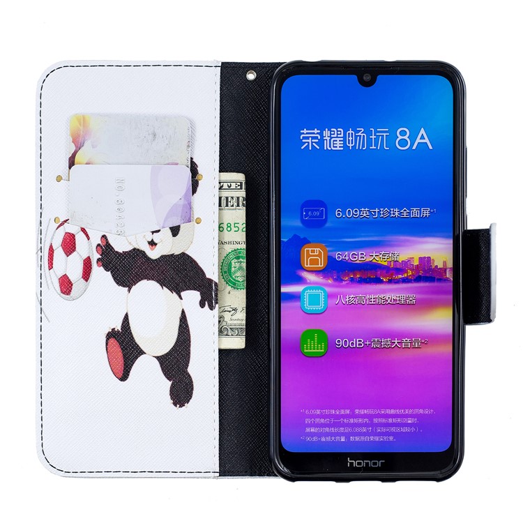 Pattern Printing Wallet Leather Stand Case for Huawei Honor 8A - Panda Playing Football-4