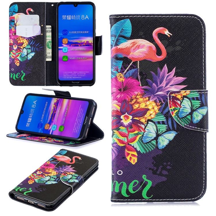 Pattern Printing Wallet Leather Stand Case for Huawei Honor 8A - Crane and Flowers-1