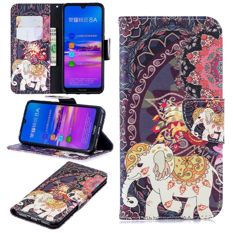 Pattern Printing Wallet Leather Stand Case for Huawei Honor 8A - Flower and Elephant-1