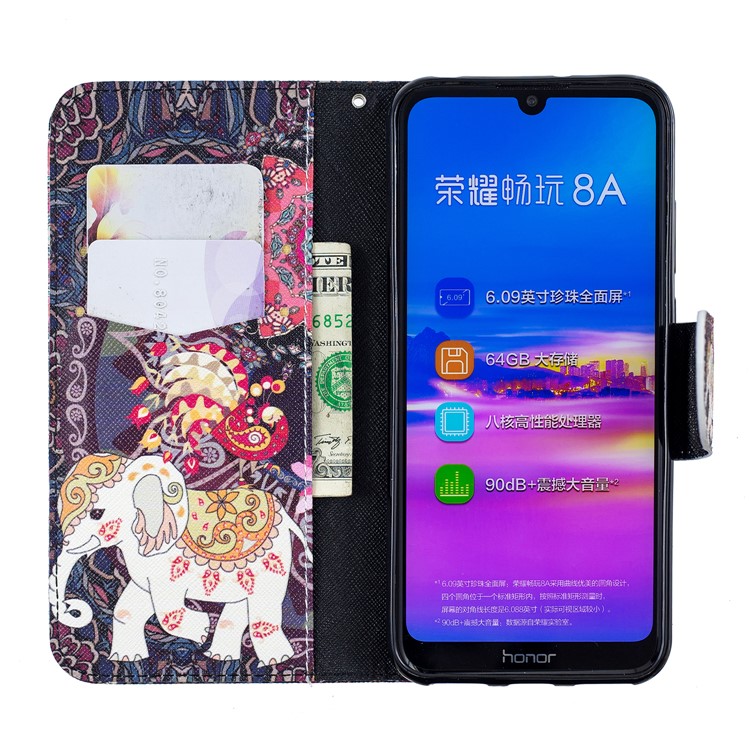 Pattern Printing Wallet Leather Stand Case for Huawei Honor 8A - Flower and Elephant-4