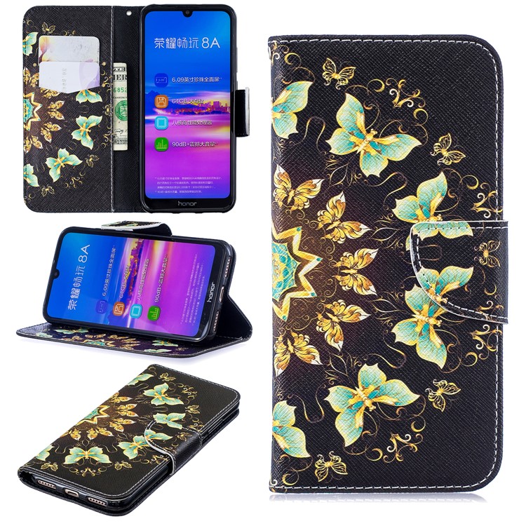 Pattern Printing Wallet Leather Stand Case for Huawei Honor 8A - Colorized Butterfly-1