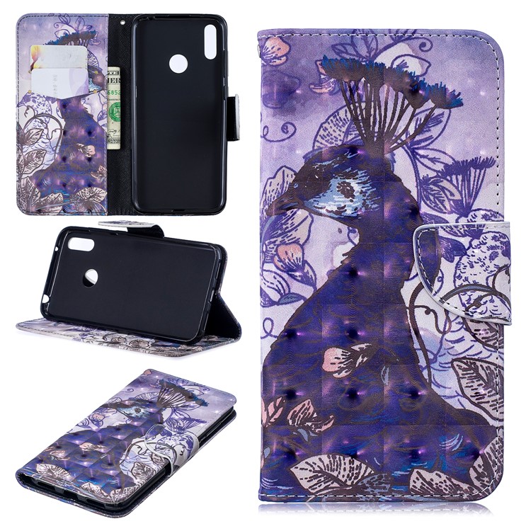 Pattern Printing Light Spot Decor Leather Wallet Case for Huawei Y7 (2019) - Peacock-1