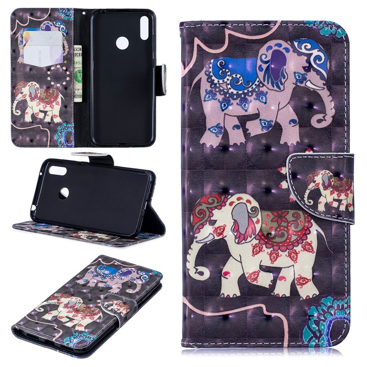Pattern Printing Light Spot Decor Leather Wallet Case for Huawei Y7 (2019) - Elephant-1