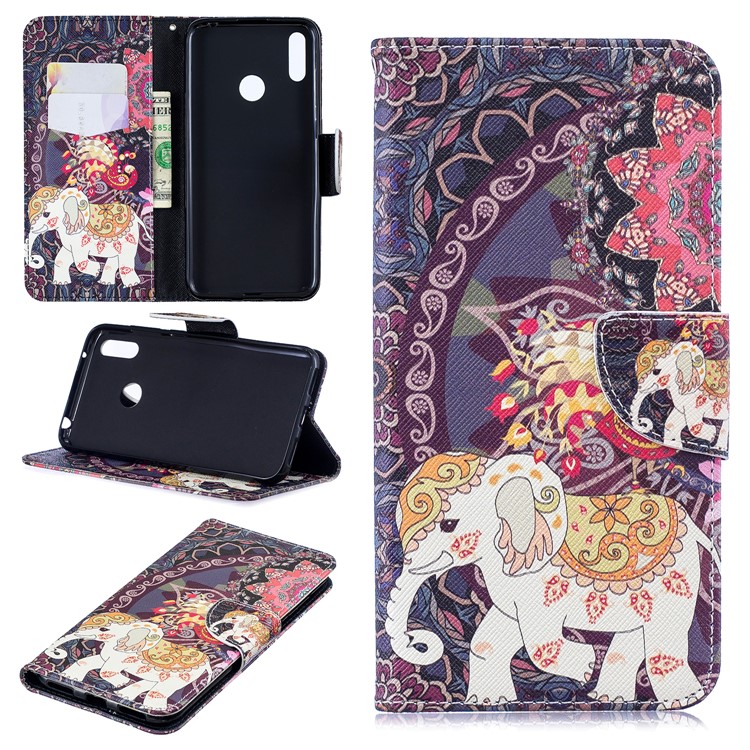 Padrão De Impressão Carteira Estojo De Couro Para Huawei Y7 (2019) - Flor E Elefante-1