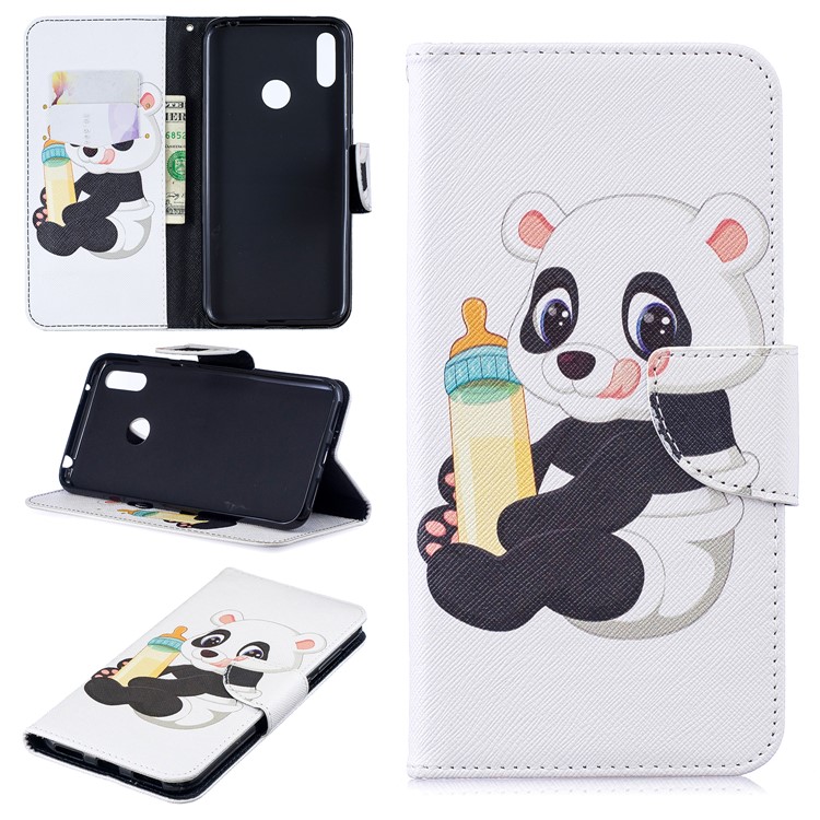 Pattern Printing Wallet Leather Stand Case for Huawei Y7 (2019) - Panda Holding a Bottle-1