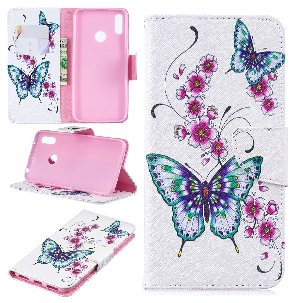 Padrão Printing Leather Wallet Case Para Huawei Y7 (2019) - Borboleta e Flor