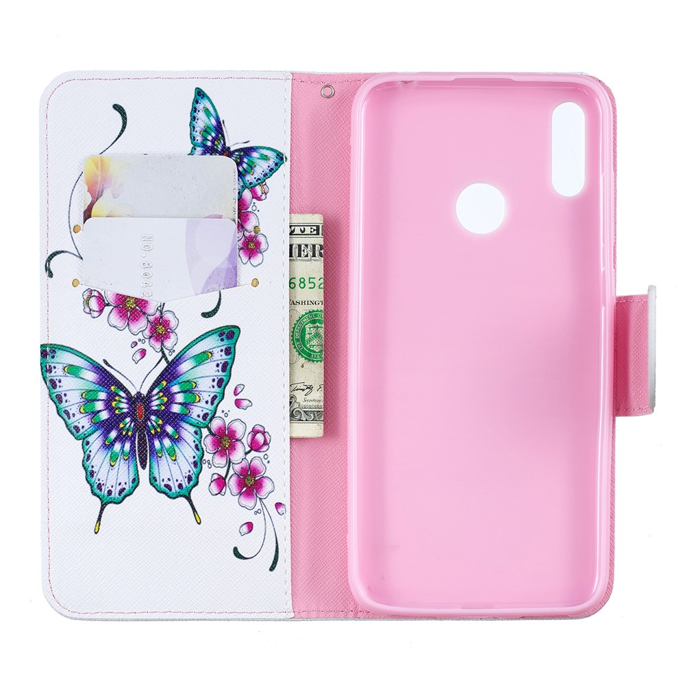 Padrão Printing Leather Wallet Case Para Huawei Y7 (2019) - Borboleta e Flor