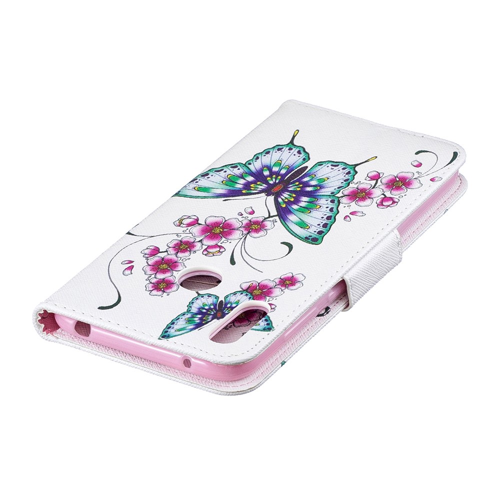 Padrão Printing Leather Wallet Case Para Huawei Y7 (2019) - Borboleta e Flor