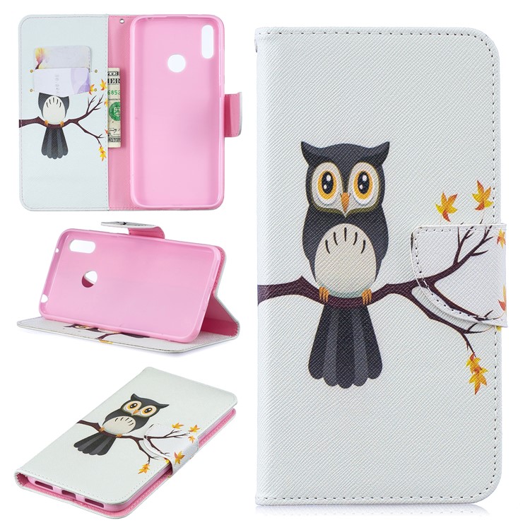 Pattern Printing Leather Wallet Case for Huawei Y7 (2019) - Owl on the Branch-1