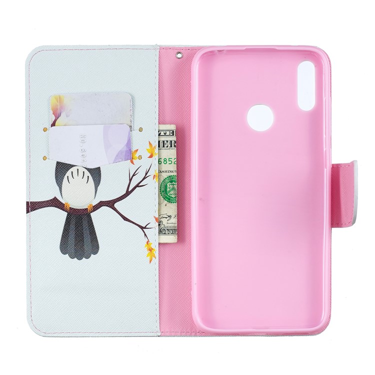 Pattern Printing Leather Wallet Case for Huawei Y7 (2019) - Owl on the Branch-4