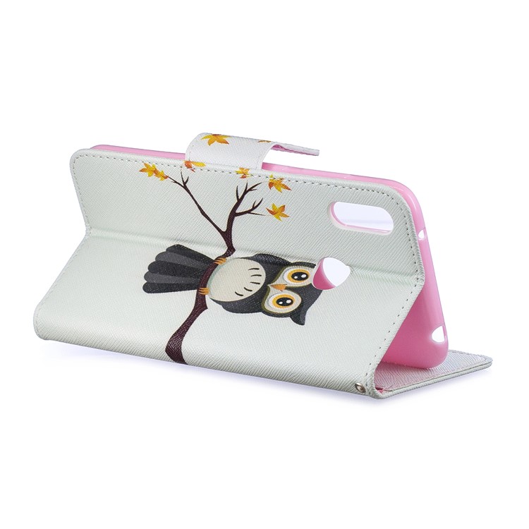 Pattern Printing Leather Wallet Case for Huawei Y7 (2019) - Owl on the Branch-5