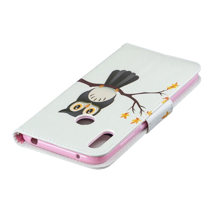 Pattern Printing Leather Wallet Case for Huawei Y7 (2019) - Owl on the Branch-8