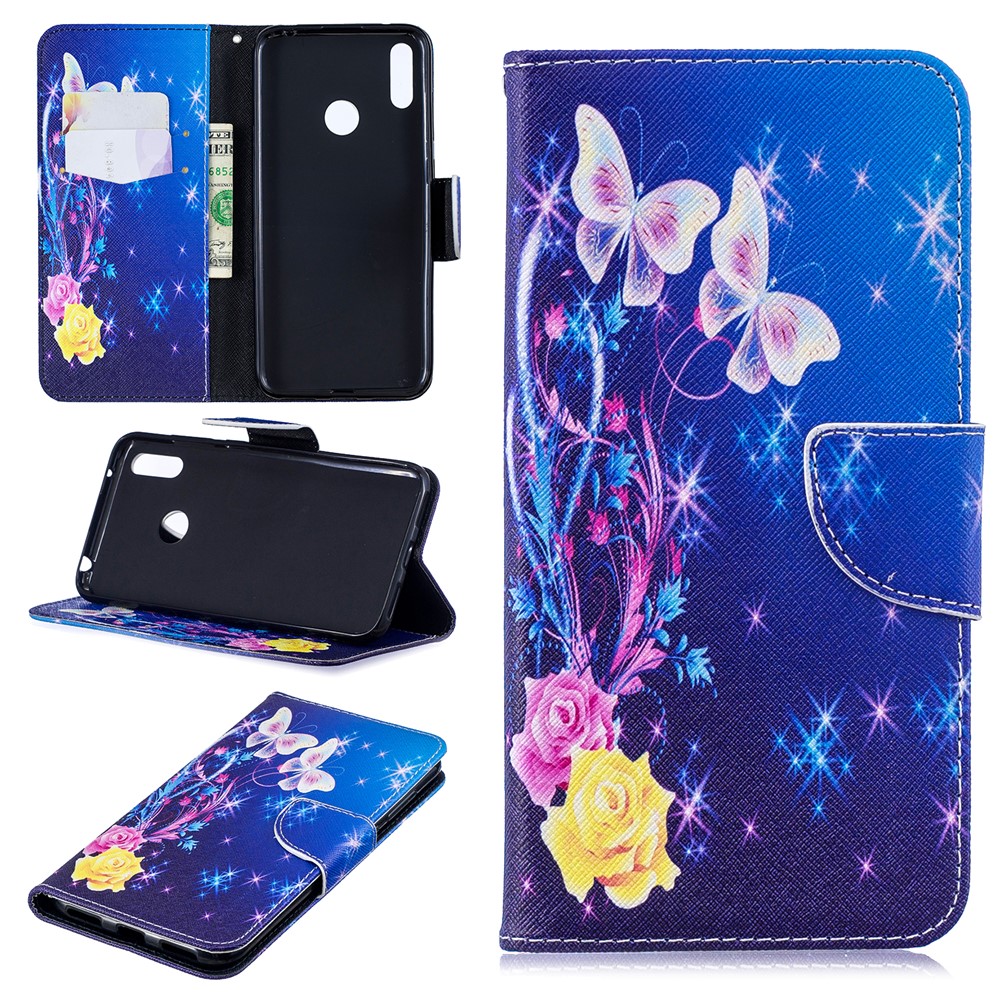 Pattern Printing Leather Wallet Case for Huawei Y7 (2019) - Elegant Butterflies-1