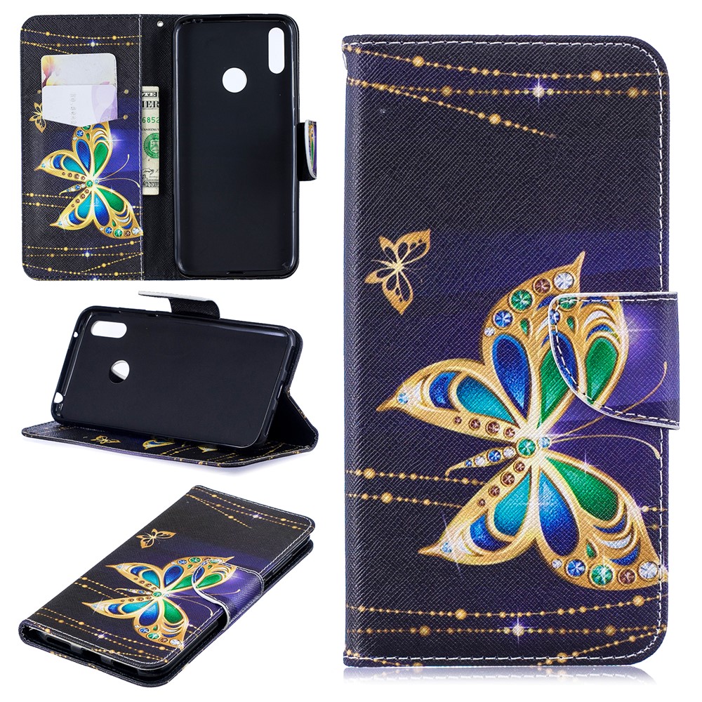 Pattern Printing Leather Wallet Case for Huawei Y7 (2019) - Colorized Butterfly-1