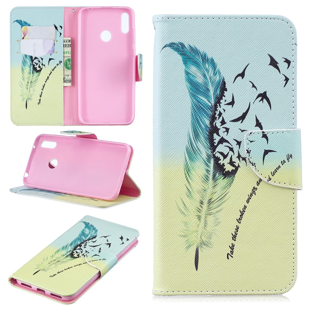 Pattern Printing PU Leather Wallet Phone Case for Huawei Y7 (2019) - Feather Pattern-1