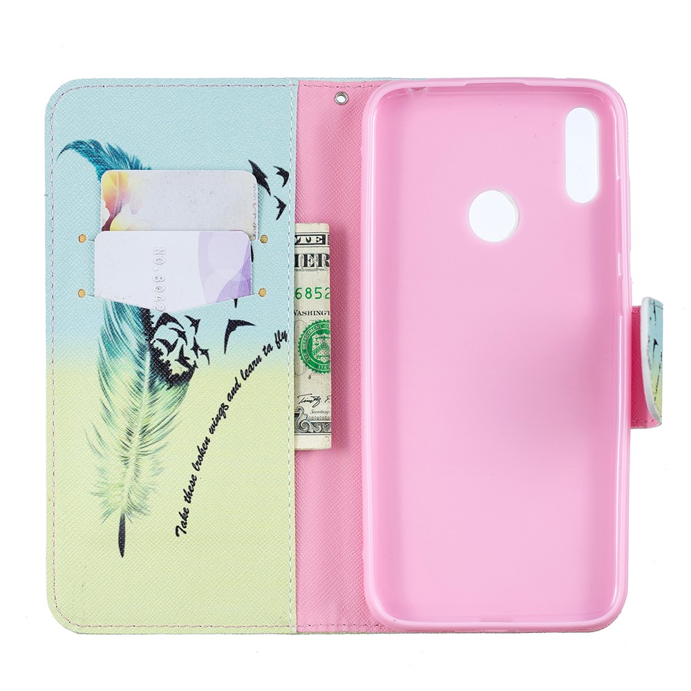 Pattern Printing PU Leather Wallet Phone Case for Huawei Y7 (2019) - Feather Pattern-4