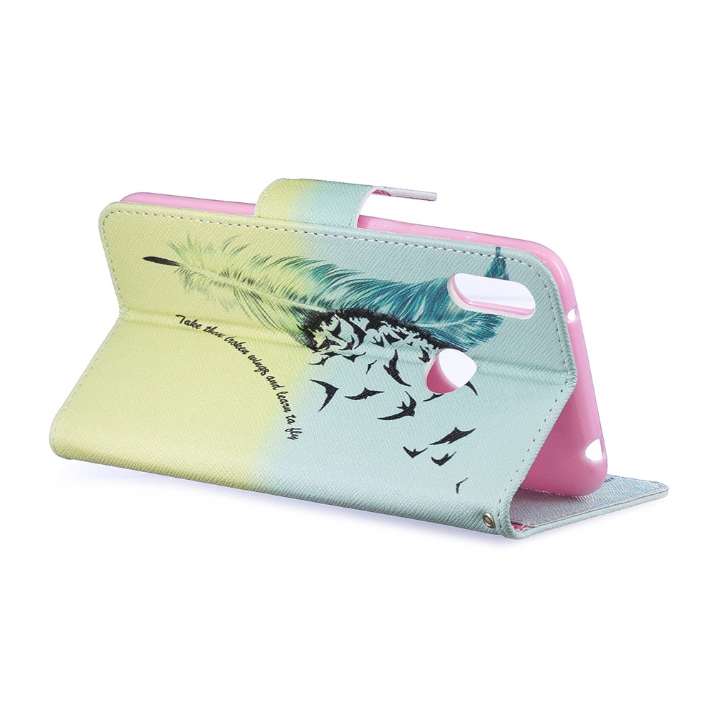 Pattern Printing PU Leather Wallet Phone Case for Huawei Y7 (2019) - Feather Pattern-5