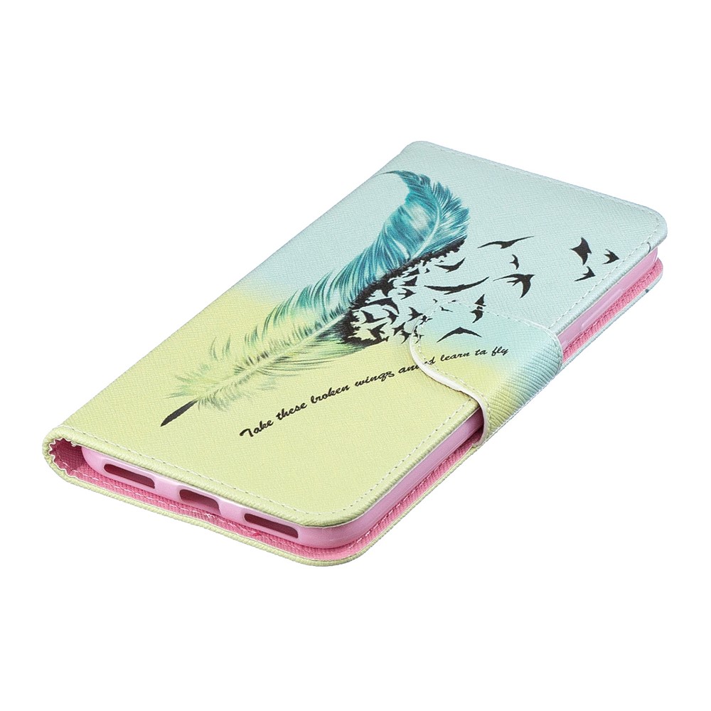 Pattern Printing PU Leather Wallet Phone Case for Huawei Y7 (2019) - Feather Pattern-7