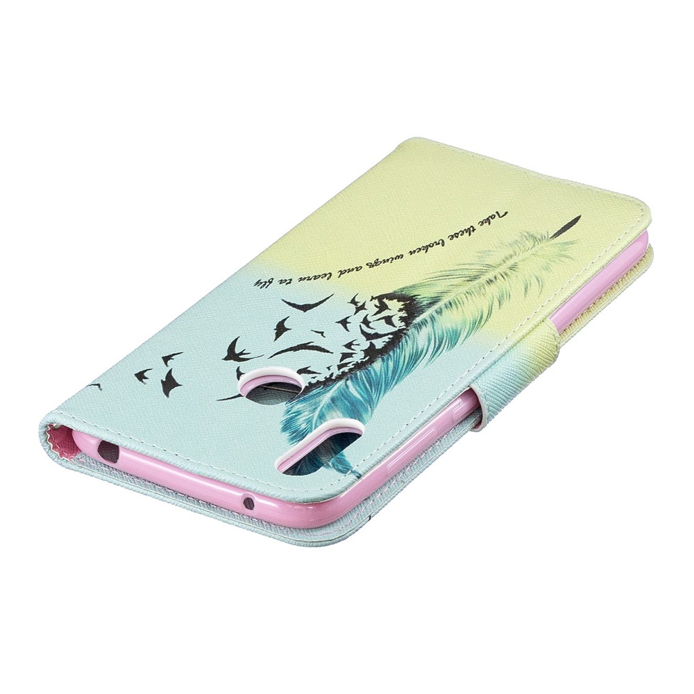 Pattern Printing PU Leather Wallet Phone Case for Huawei Y7 (2019) - Feather Pattern-8