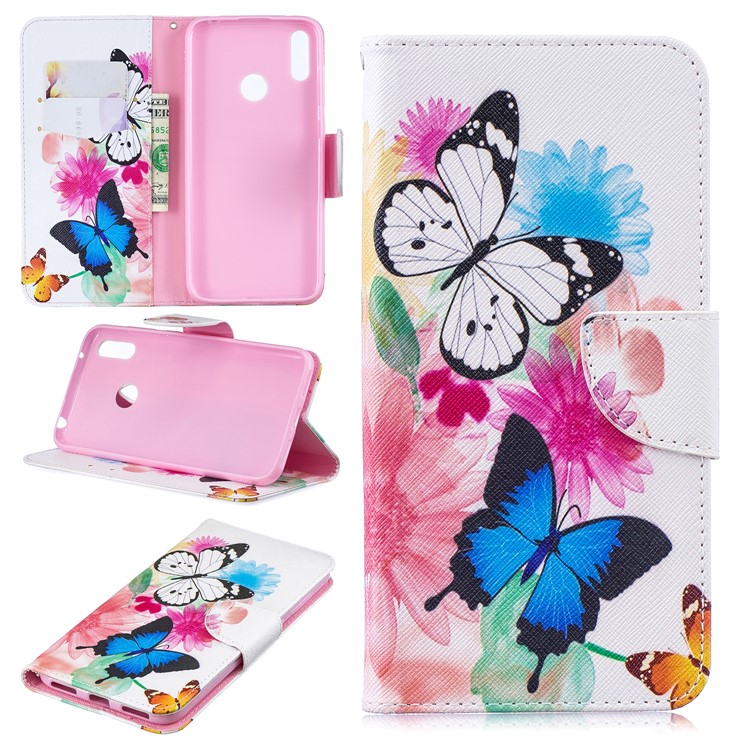 Pattern Printing PU Leather Wallet Phone Case for Huawei Y7 (2019) - Butterflies and Flowers-1