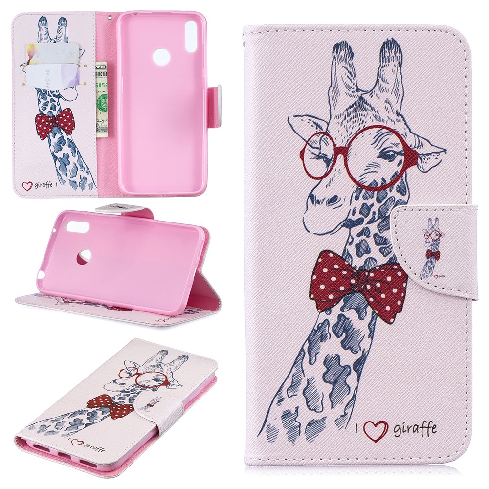 Pattern Printing PU Leather Wallet Phone Case for Huawei Y7 (2019) - Giraffe Wearing Glasses-1