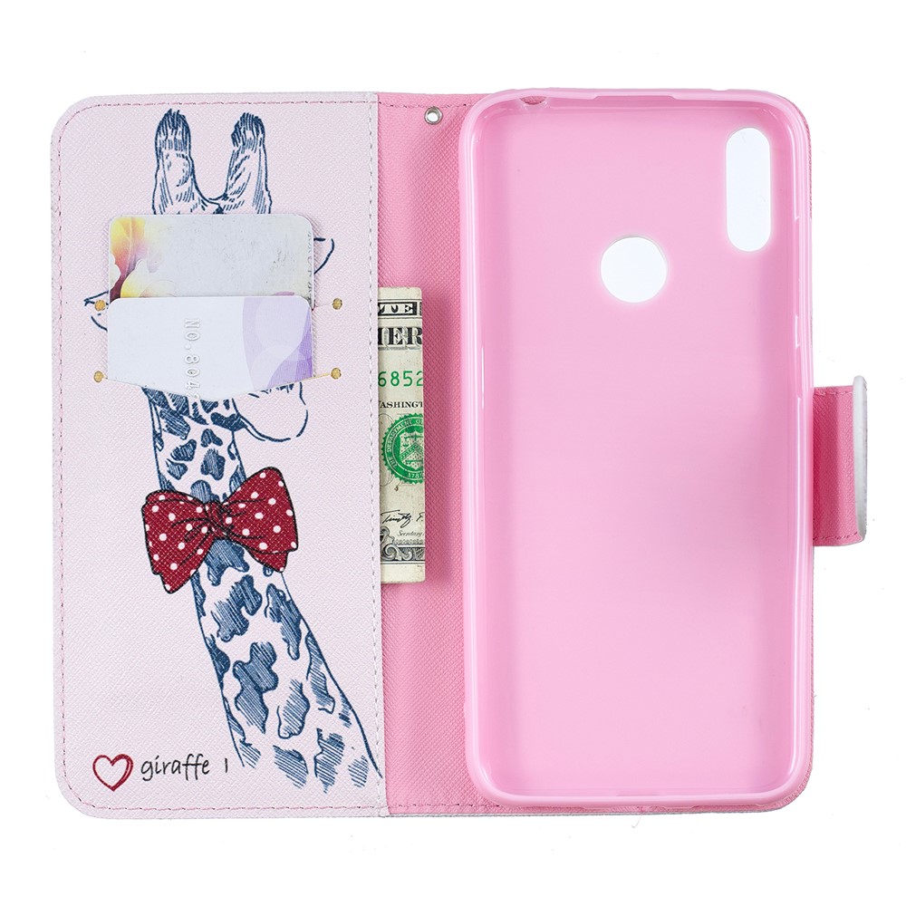 Pattern Printing PU Leather Wallet Phone Case for Huawei Y7 (2019) - Giraffe Wearing Glasses-4