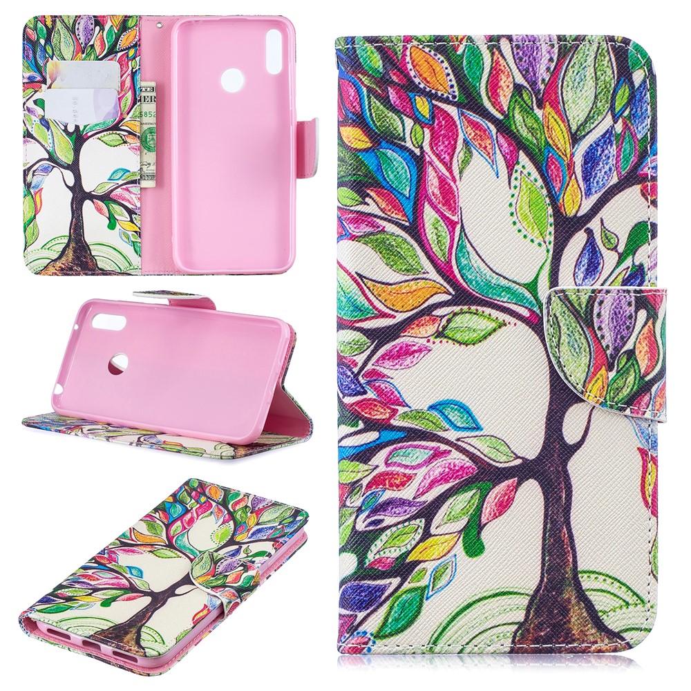 Pattern Printing PU Leather Wallet Phone Case for Huawei Y7 (2019) - Colorized Tree-1