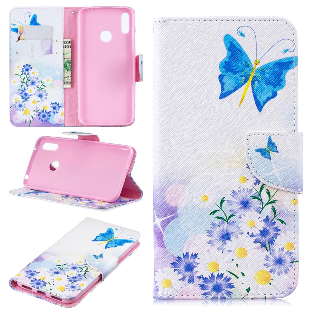 Padrão De Impressão PU Carteira De Couro Carteira De Telefone Para Huawei Y7 (2019) - Borboletas Azuis-1