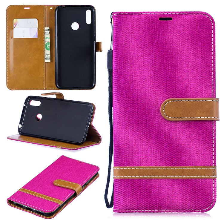 Assorted Color Jeans Cloth Wallet Stand Leather Case for Huawei Y7 (2019) - Rose-1