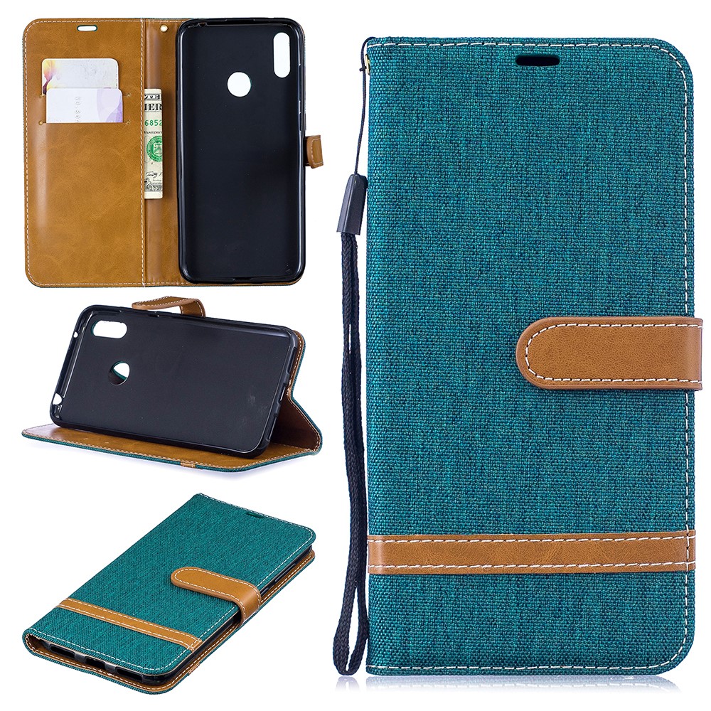 Case de Cuero de Billetera de Tela de Jeans de Color Variado Para Huawei Y7 (2019) - Verde