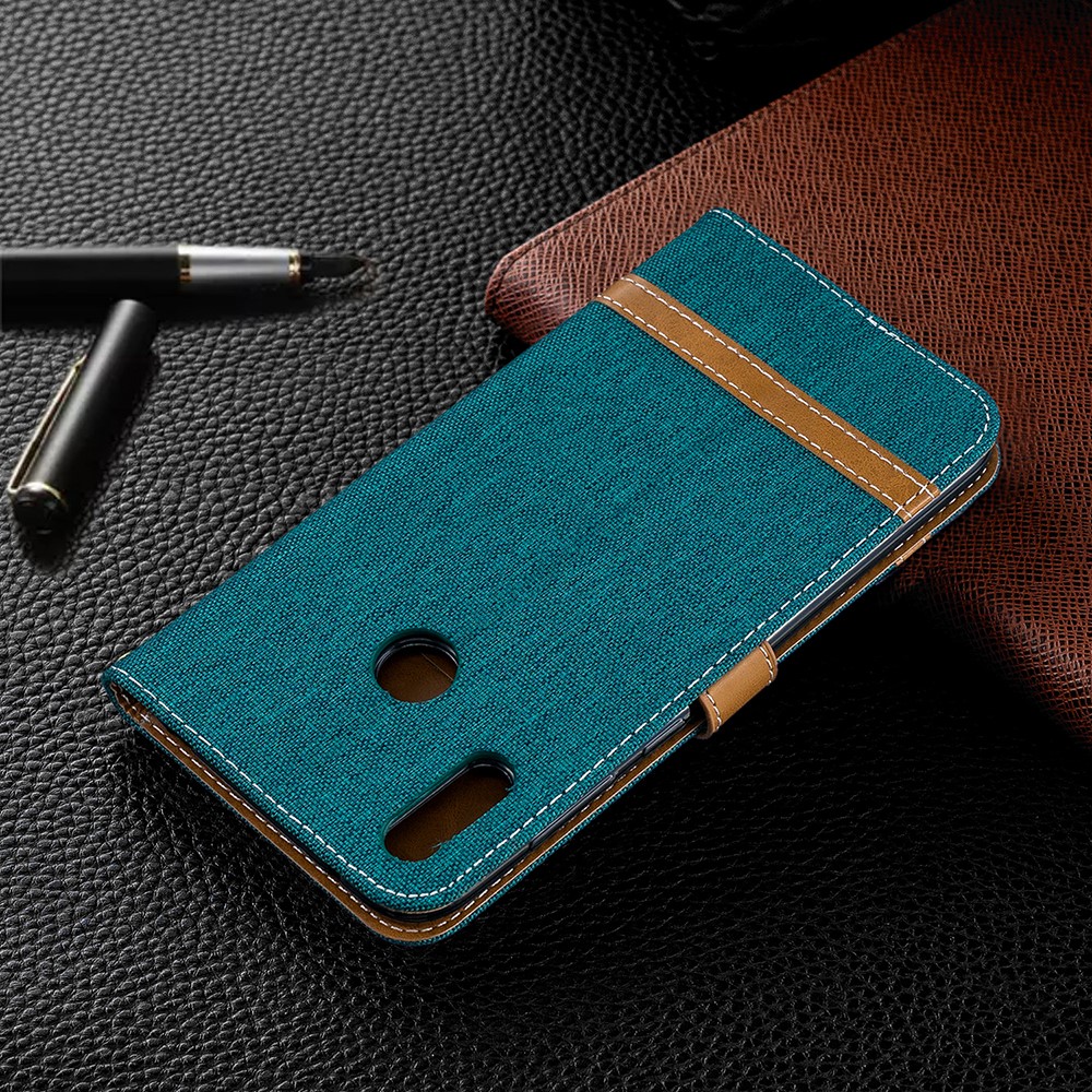 Case de Cuero de Billetera de Tela de Jeans de Color Variado Para Huawei Y7 (2019) - Verde