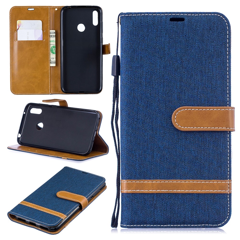 Assorted Color Jeans Cloth Wallet Stand Leather Case for Huawei Y7 (2019) - Dark Blue-1