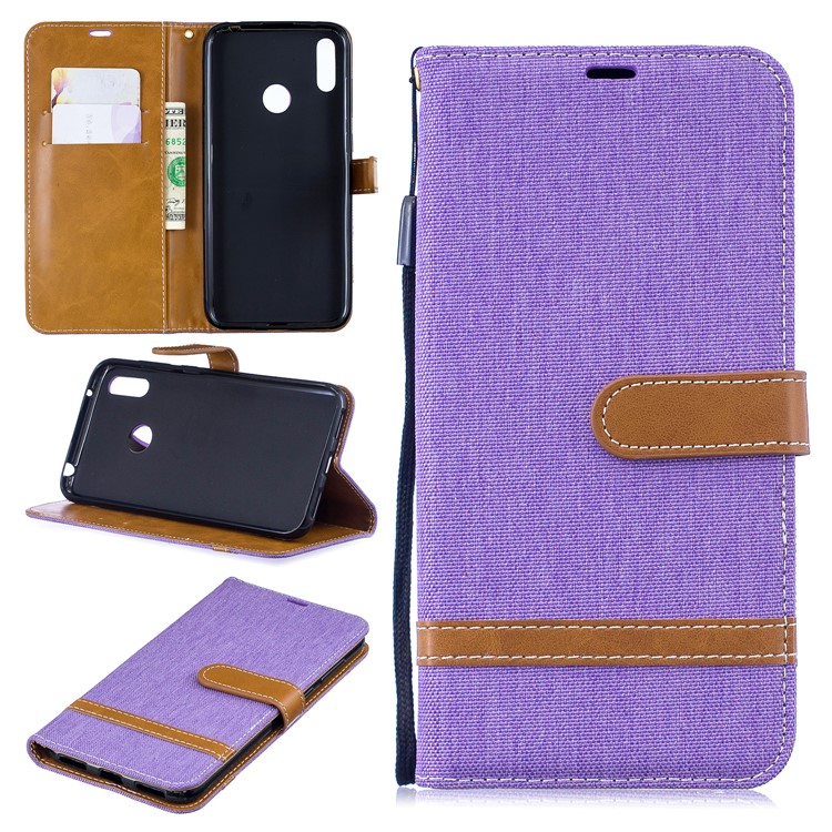 Assorted Color Jeans Cloth Wallet Stand Leather Case for Huawei Y7 (2019) - Purple-1