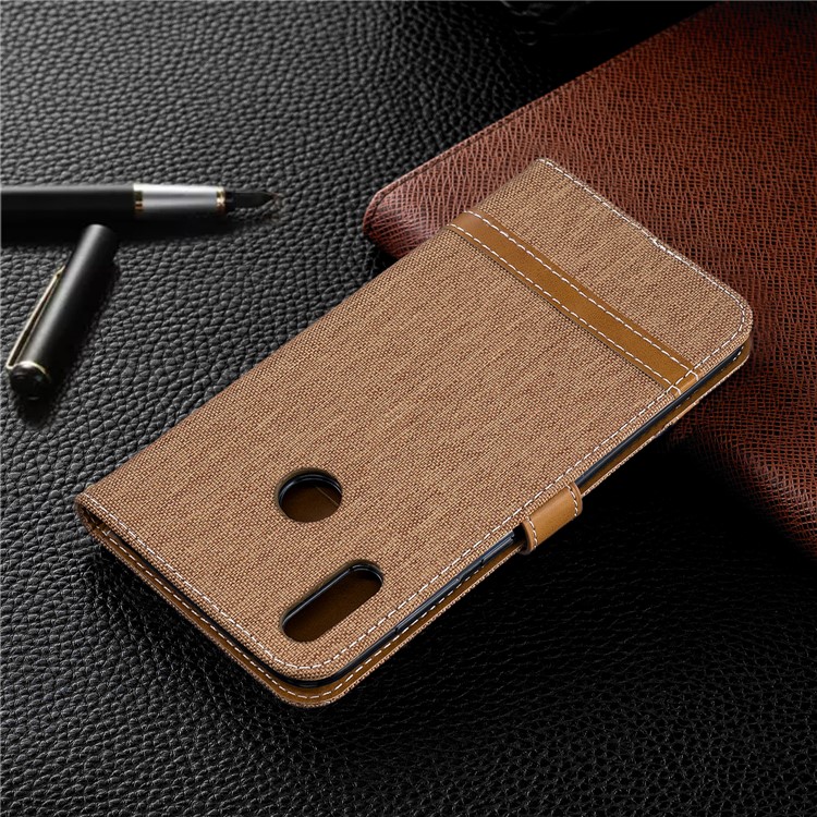 Case de Cuero de Billetera de Tela de Jeans de Color Variado Para Huawei Y7 (2019) - Caqui