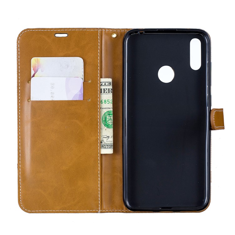 Case de Cuero de Billetera de Tela de Jeans de Color Variado Para Huawei Y7 (2019) - Caqui