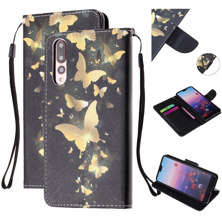 Pattern Printing Leather Wallet Case for Huawei P20 Pro - Gold Butterfly-1