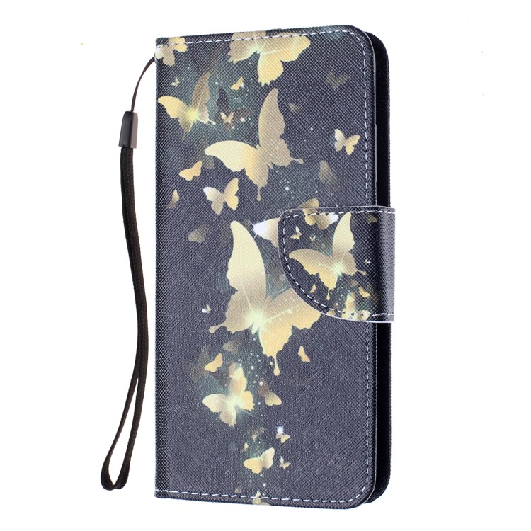 For Huawei P20 Pattern Printing Wallet Stand Leather Phone Cover with Strap - Gold Butterfly-2