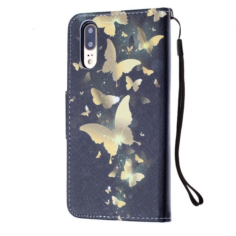 For Huawei P20 Pattern Printing Wallet Stand Leather Phone Cover with Strap - Gold Butterfly-3