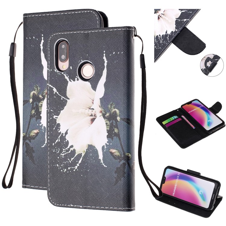Pattern Printing Leather Wallet Case for Huawei P20 Lite / Nova 3e (China) - White Flower-1
