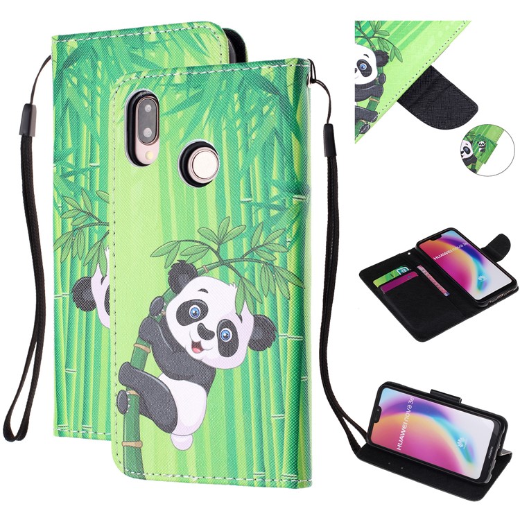 Pattern Printing Leather Wallet Case for Huawei P20 Lite / Nova 3e (China) - Panda on Bamboo-1