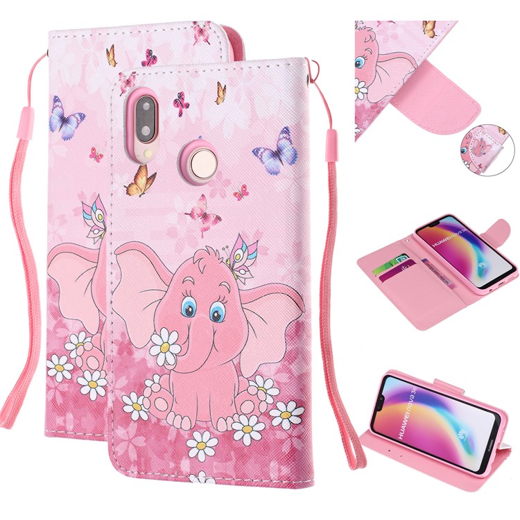 Estuche de Billetera de Cuero de Impresión de Patrones Para Huawei P20 Lite / Nova 3e (China) - Elefante y Flor