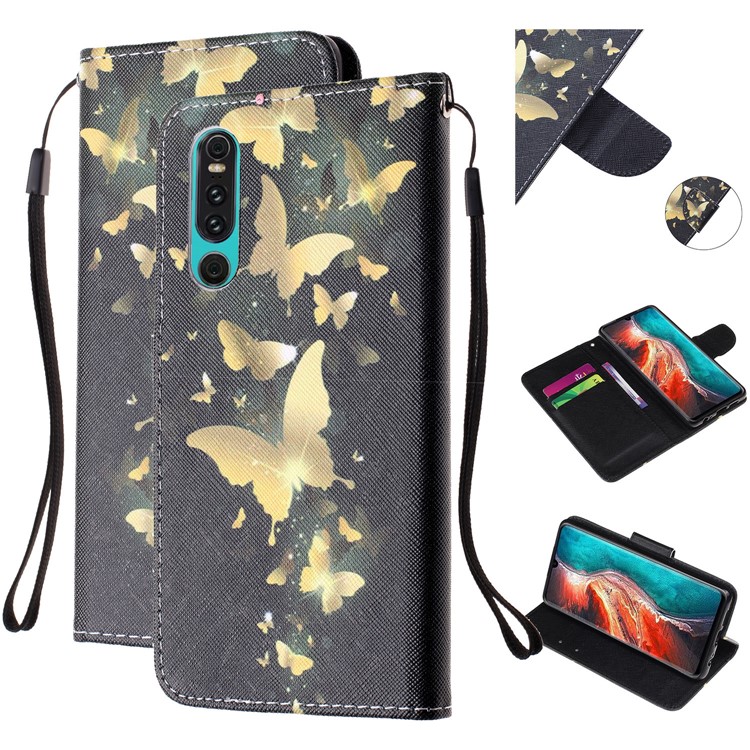 For Huawei P30 Pattern Printing Wallet Stand Leather Cell Phone Case with Strap - Gold Butterfly-1